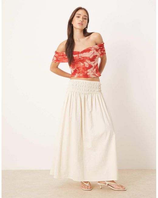 ASOS Multicolor Ruched Off Shoulder Bardot Mesh Top