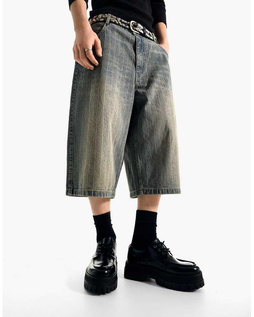 Bershka White Super baggy Denim Bermuda Shorts for men