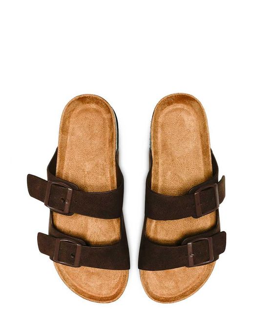 SEQWL Brown Flat Slide Sandals With Buckle Closure