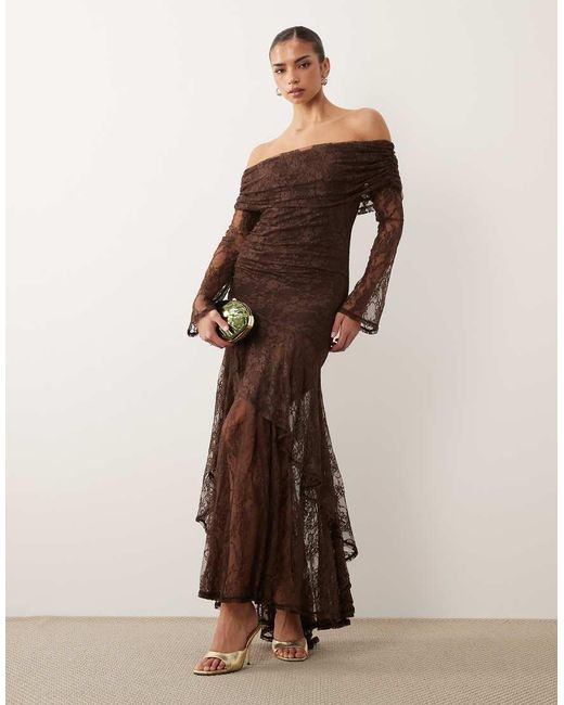 ASOS Brown Off The Shoulder Long Sleeve Lace Maxi Dress