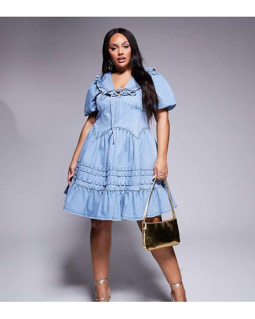 Vestido Vaquero Corto Con Mangas Abullonadas Y Solapas De Curve-Negro ASOS de color Blue