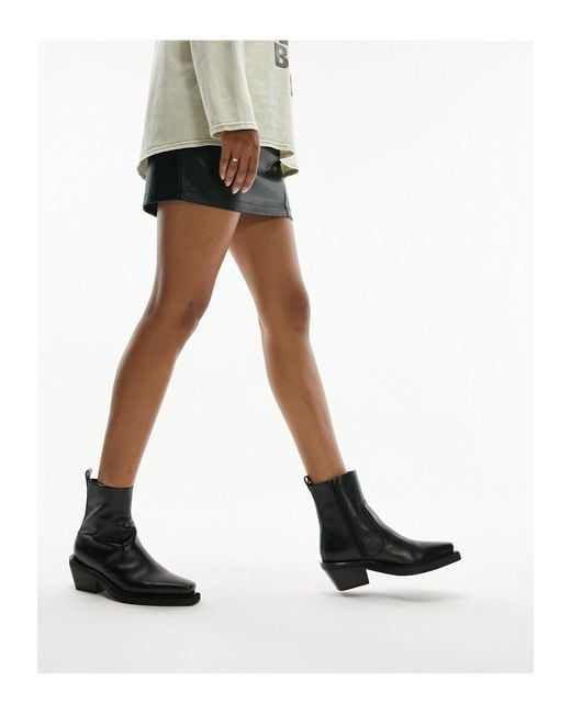 TOPSHOP Black Lara Leather Western Style Ankle Boots