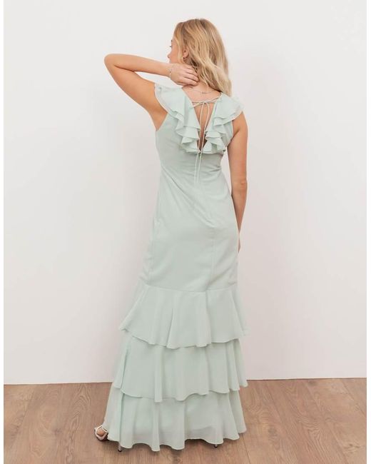 ANAYA Green V Neck Ruffle Maxi Dress
