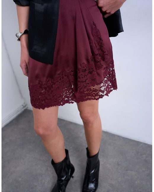 TOPSHOP Purple Satin Asymmetric Mini Skirt With Lace Trim