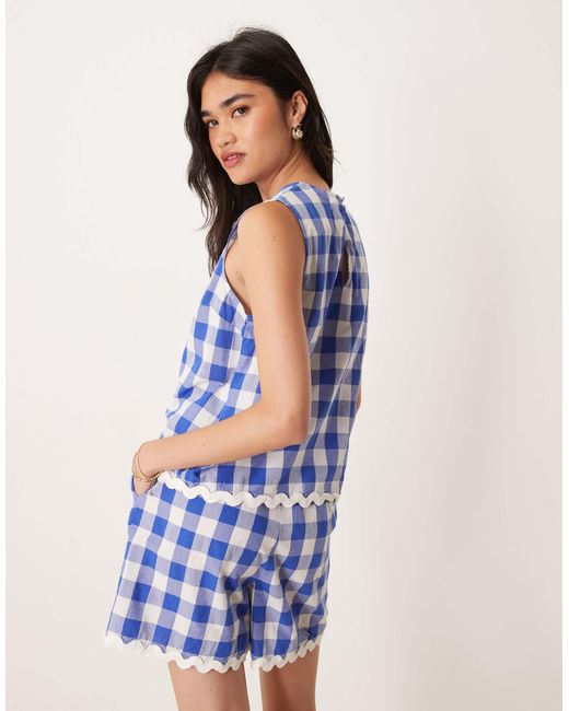Y.A.S Blue Woven Gingham Top Co-ord With Scallop Trims