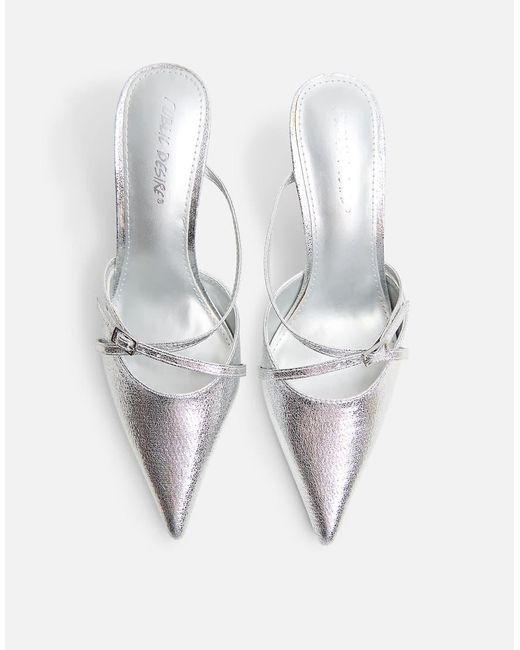 Public Desire White Casanova Cracked Buckle Detail Pointed Toe Mid Heel Mules