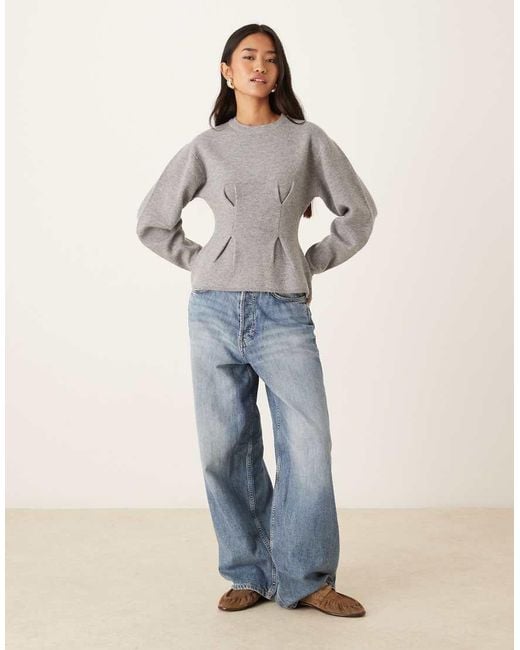 Gina Tricot Gray Long Sleeve Sculpted Crew Neck Knitted Peplum Sweater