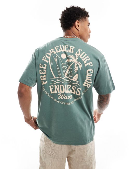 Only & Sons Green Relaxed Fit T-shirt With Surf Club Back Print for men