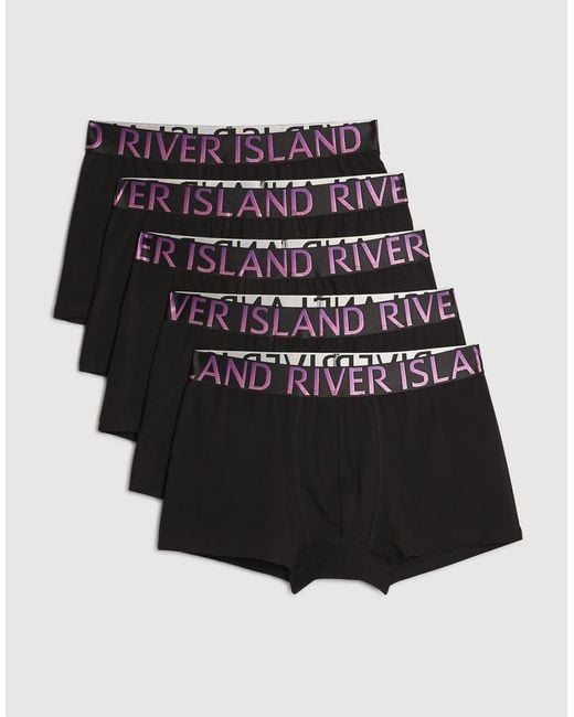River Island Black Metallic Waistband Pack Of 5 Trunks for men