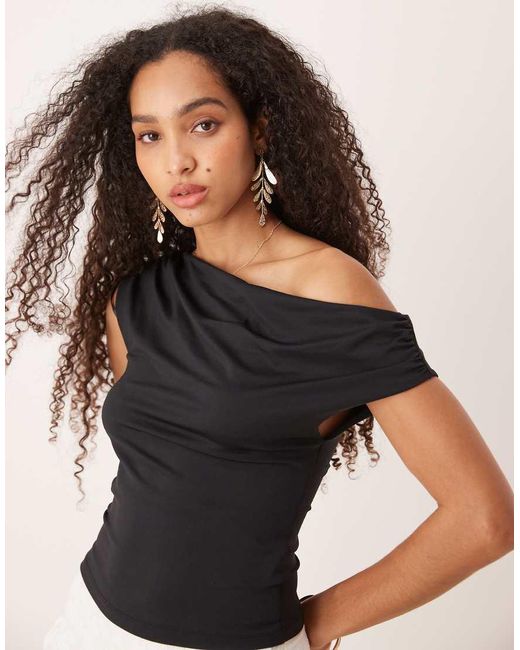 Gina Tricot Black Slinky Jersey One Shoulder Ruched Twist Top