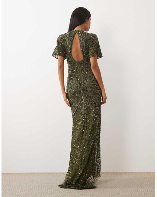 Beauut Green Embellished High Neck Open Back Maxi Dress
