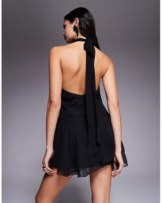 Fashionkilla Black Exclusive Chiffon Halterneck Foldover Detail Ruffle Skirt Mini Dress