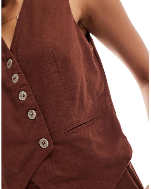 Vero Moda Red Linen Touch Asymmetric Button Front Waistcoat Co-Ord