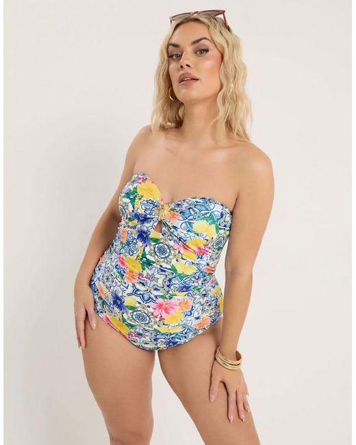 Yours Clothing Blue Mediterranean Tile Bandeau Swimsuit