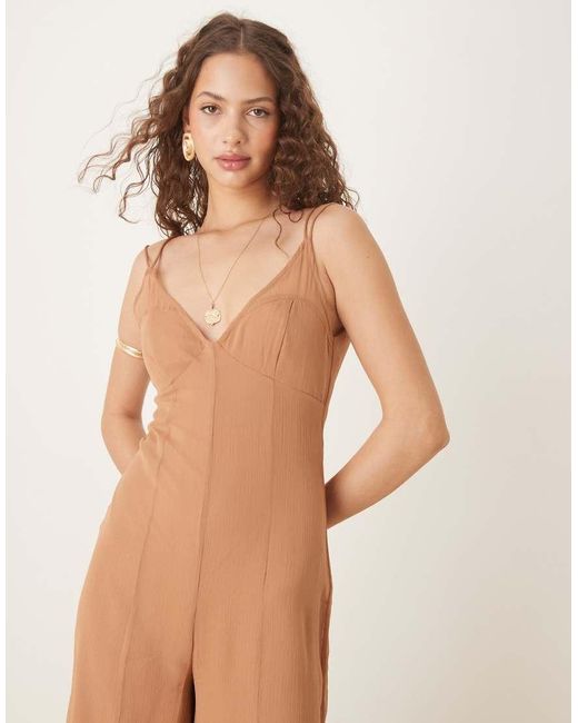 ASOS Brown V Neck Sheer Panel Chiffon Jumpsuit