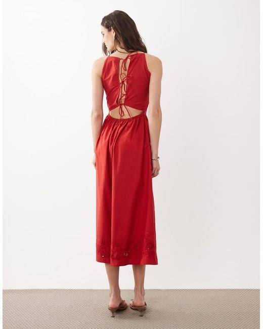 Mango 100% Cotton Halterneck Embroidered Maxi Dress With Open Back Detail