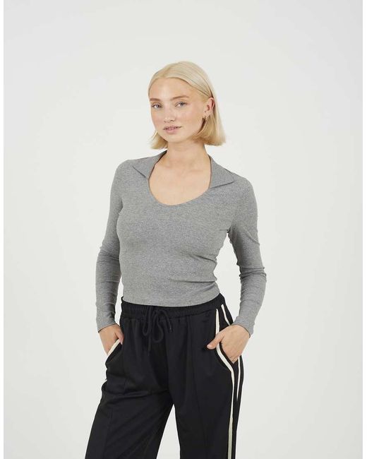 Brave Soul Gray Ribbed V-Neck Collared Top
