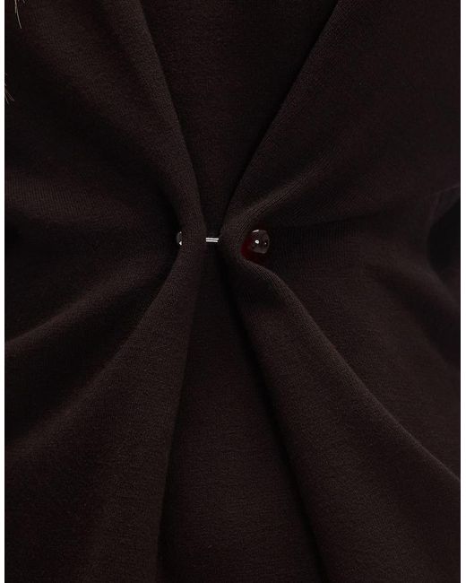 & Other Stories Brown Compact Knit Sweater With Asymmetric Gathered Faux Amber Stone Detail