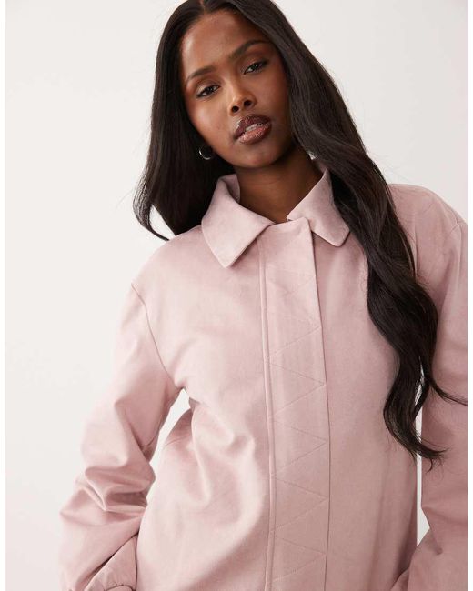 The Frolic Pink Exclusive Faux Suede Balloon Sleeve Collared Bomber Jacket