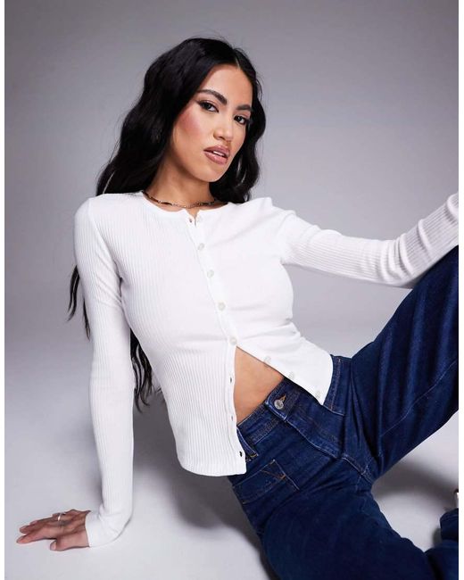 River Island White Ribbed Button Cardigan