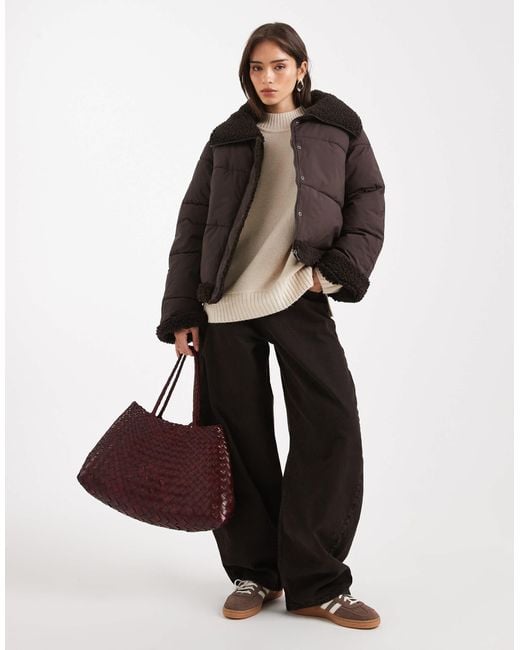 Vero Moda Black Short Puffer Jacket With Teddy Trim