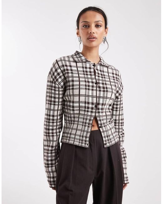 Collusion Gray Check Knitted Button Through Top