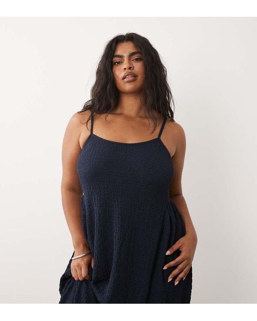 Vila Curve Blue Jacquard Jersey Cami Midi Dress With Waist Details