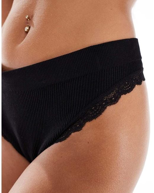 New Look Black Lace Edge Ribbed Seamless Lingerie Thong