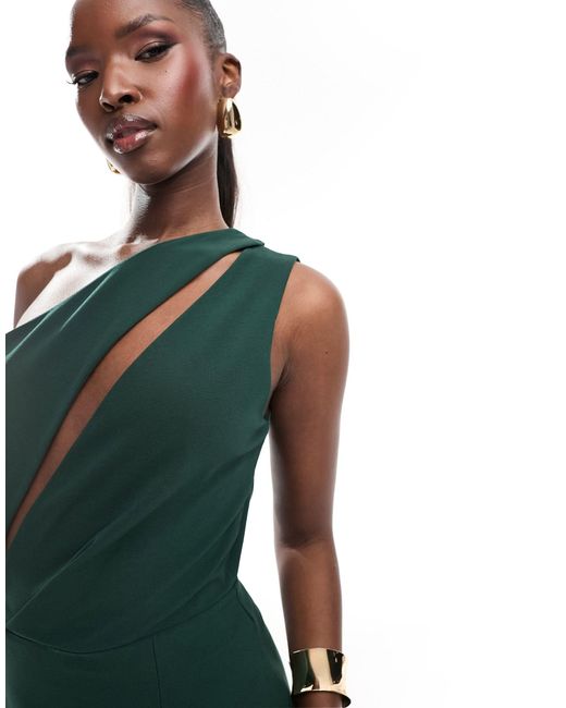 Vesper Green Exclusive One Shoulder Cut Out Detail Front Spilt Maxi Dress