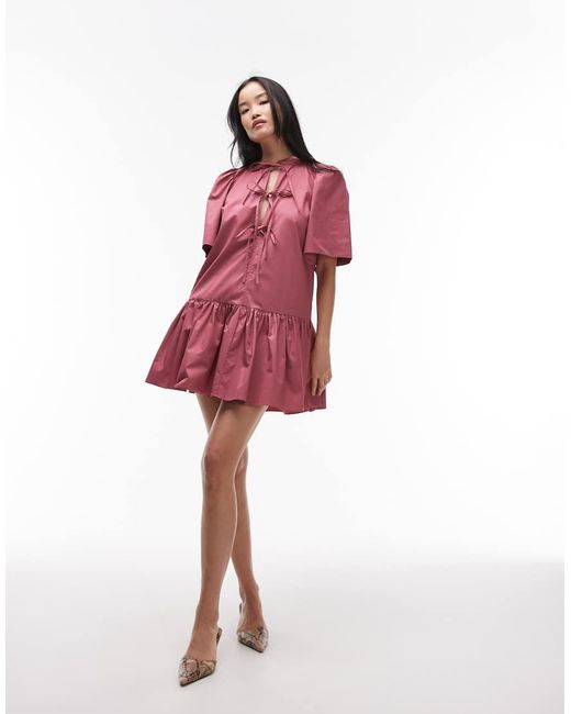 & Other Stories Red Mini Dress With Drop Waist And Tie Front