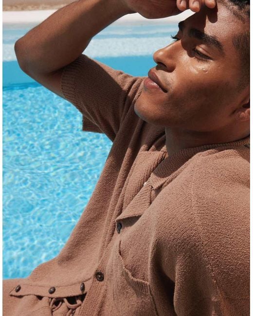 ASOS Brown Oversized Textured Knitted Button Through Co-ord for men