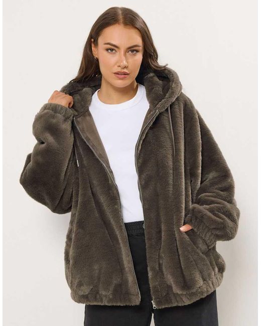 Yours Clothing Brown Faux Fur Hooded Jacket