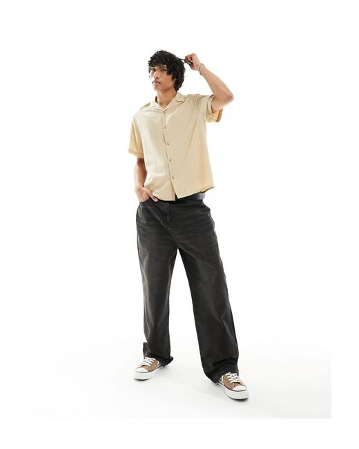 ASOS Natural Short Sleeve Relaxed Fit Revere Collar Crinkle Texture Shirt for men