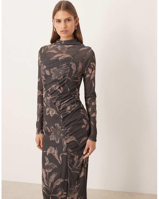 ASOS Multicolor Long Sleeve Drape Ruched Front Detail Midi Dress