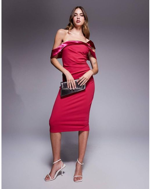 Goddiva Red One Shoulder Satin Band Bodycon Midi Dress