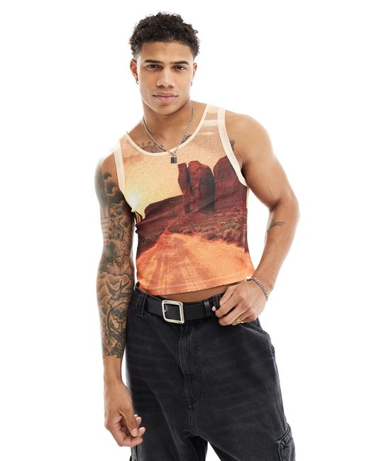 ASOS Blue Muscle Fit Vest With Scenic All Over Print for men
