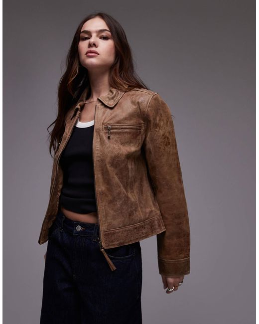 Urbancode Brown Zip Through Fitted Crop Leather Jacket