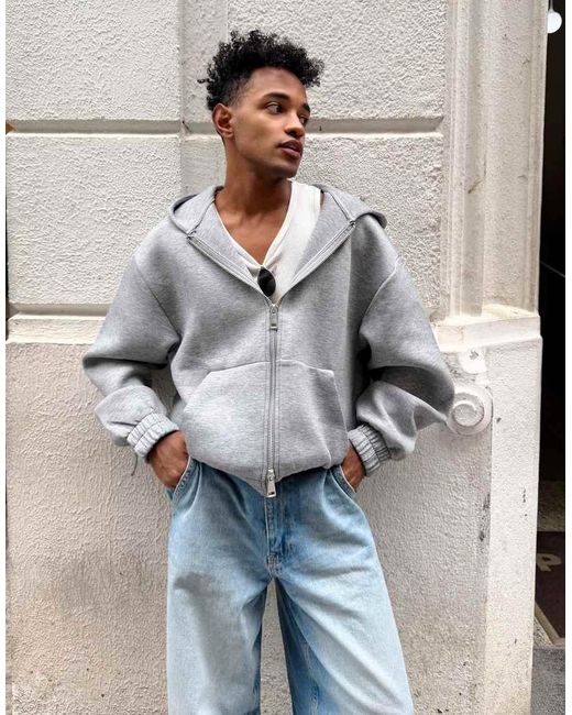 Bershka Gray Neoprene Effect Zip-up Hoodie for men
