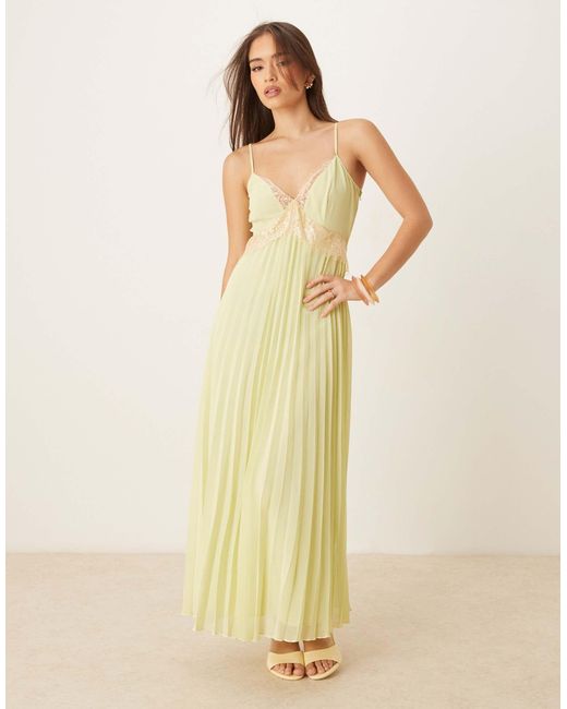 ASOS V Neck Lace Trim Pleated Cami Midi Dress in Yellow | Lyst