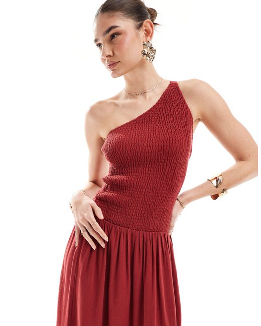 4th & Reckless Red Linen Mix Shir One Shoulder Drop Waist Maxi Dress