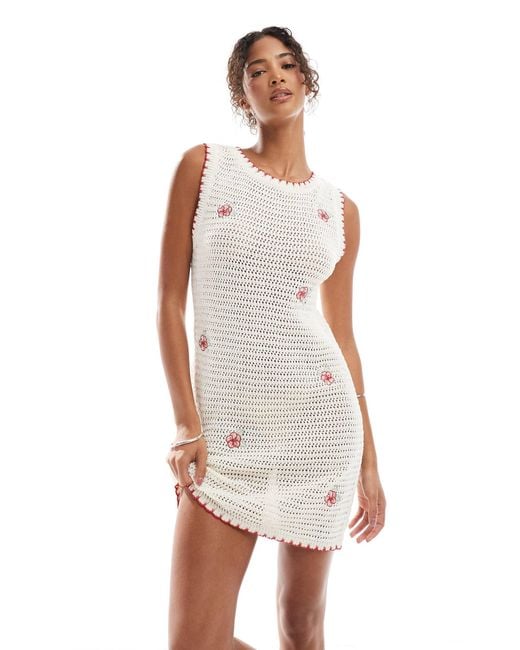 ASOS White Knitted Crochet Mini Dress With Flower Embroidery