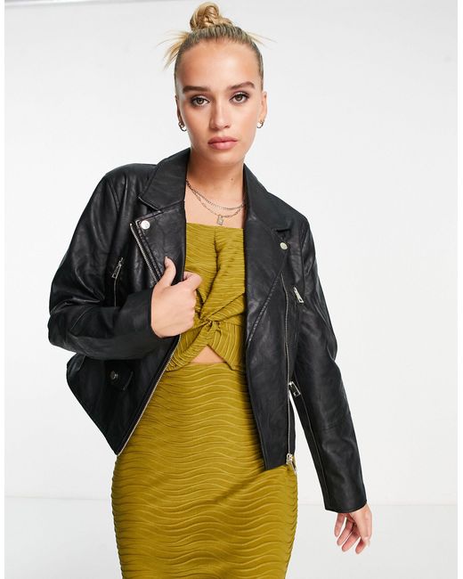 River Island Faux Leather Biker Jacket in Black Lyst
