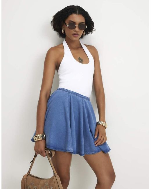 River Island Blue Denim Mini Skater Skirt