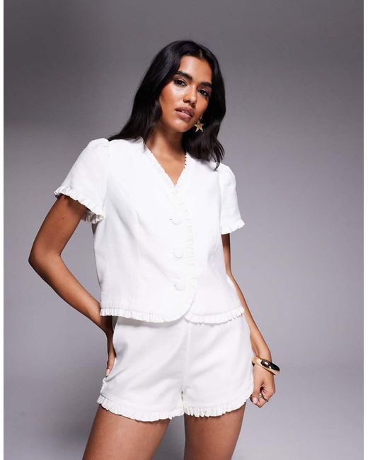 River Island White Button Front Frill Detail Top Co-ord