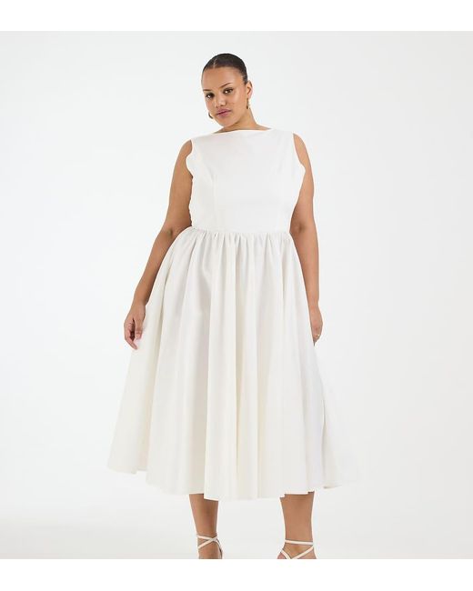 Tfnc Plus White Bridal Boat Neck Bow Back Cotton Midi Dress
