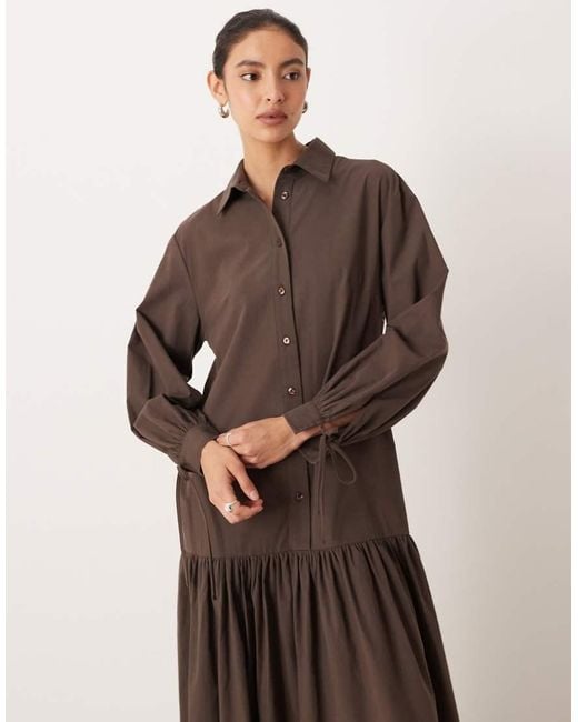 ASOS Brown Long Sleeved Tie Detail Maxi Shirt Dress