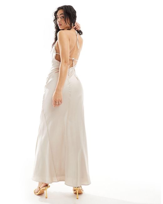 TFNC London White Bridesmaids Satin Maxi Dress With Tie Back And Button Detail