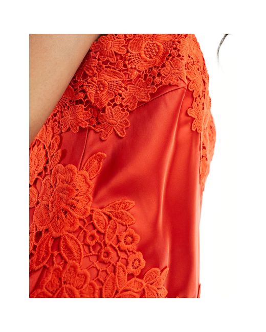 Never Fully Dressed Red Lace Embroide Satin Mini Slip Dress