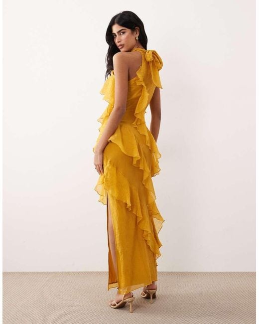 Pretty Lavish Metallic Corsage Halter Neck Asymmetric Tiered Ruffle Maxi Dress