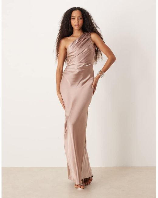 Pretty Lavish Natural Bridesmaids Juliet Satin Gathered One Shoulder Maxi Dress